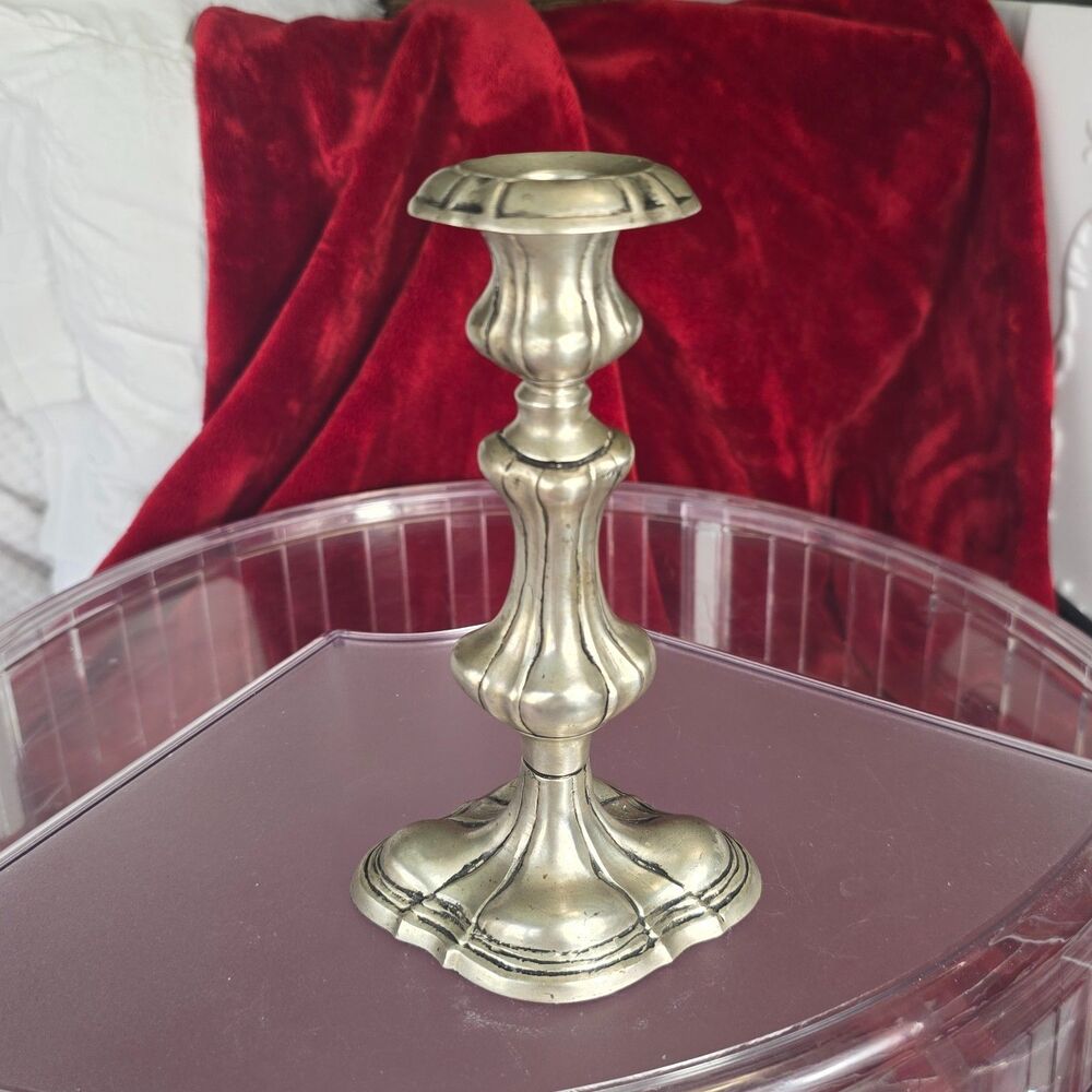 Vintage Candlestick Taper Candle Holder Silver Tone Cast Metal 8"